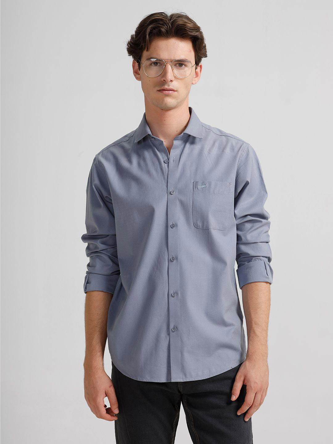 Crocodile Self Stripe Spread Collar Regular Fit Casual Shirt
