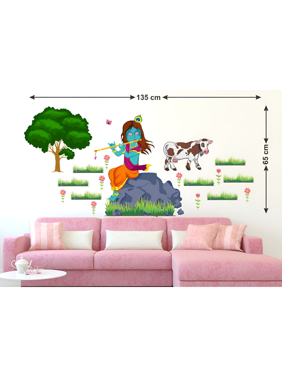 LANSTICK Green & Blue Printed Tree With God Krishna Wall Sticker