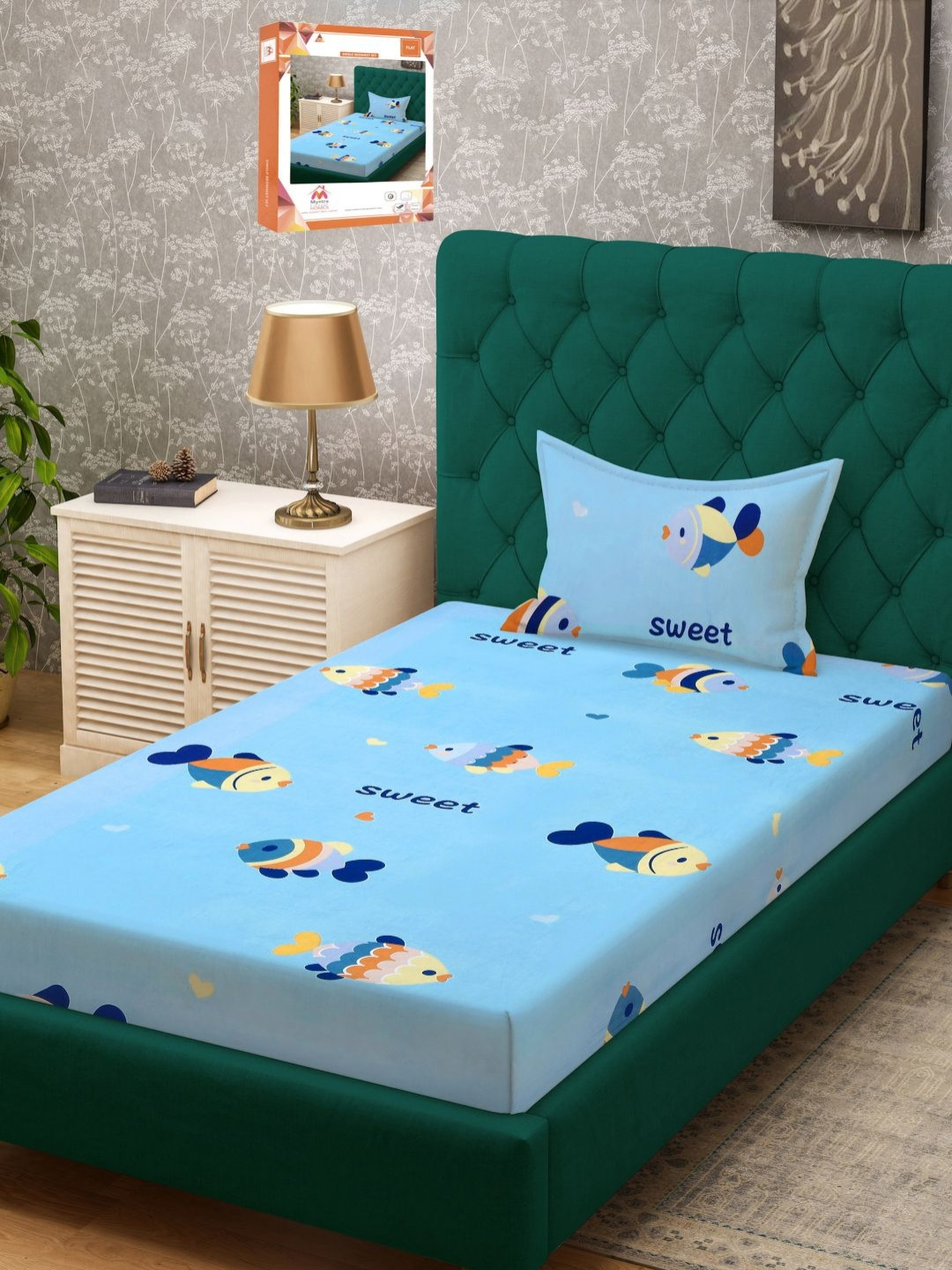 Myntra Elegant Homes Blue Animal Cotton Breathable 300 TC Single Fine Bedsheet with a Pillow Cover-89 x 59 inches
