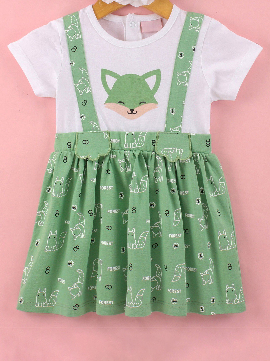 Mark & Mia Girls Fox Printed Knitted Half Sleeves Pinafore Dress