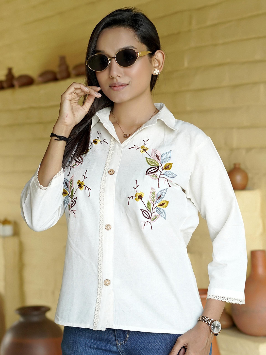 CORSICA Women Floral Eemrodery Shirt Style Top