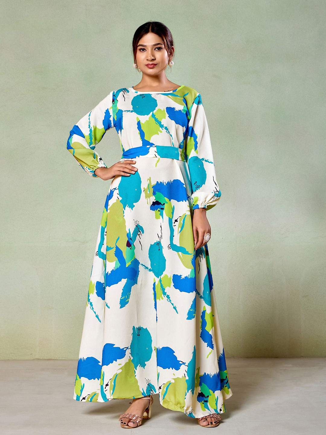 SARINKU Women Abstract Printed Puff Sleeve Fit & Flare Maxi Dress