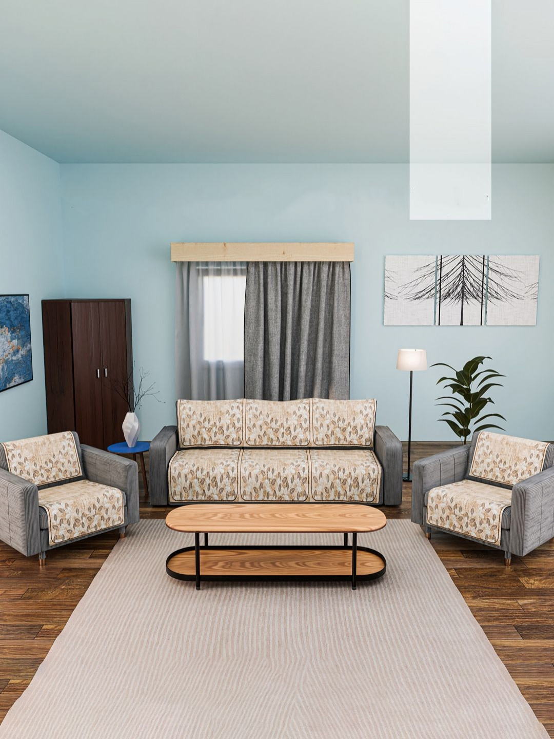 Aura 10 Pcs Brown & White Velvet 5 Seater Sofa Cover for Anti-Slip Sofa Seat Protector