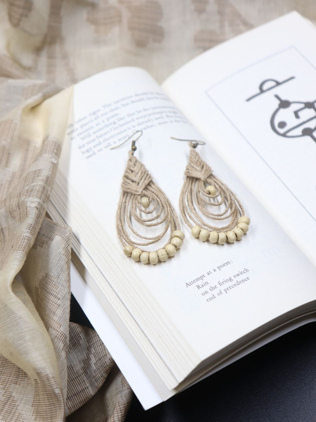 WHE Artificial Beaded Handmade Jute Teardrop Shaped Drop Earrings
