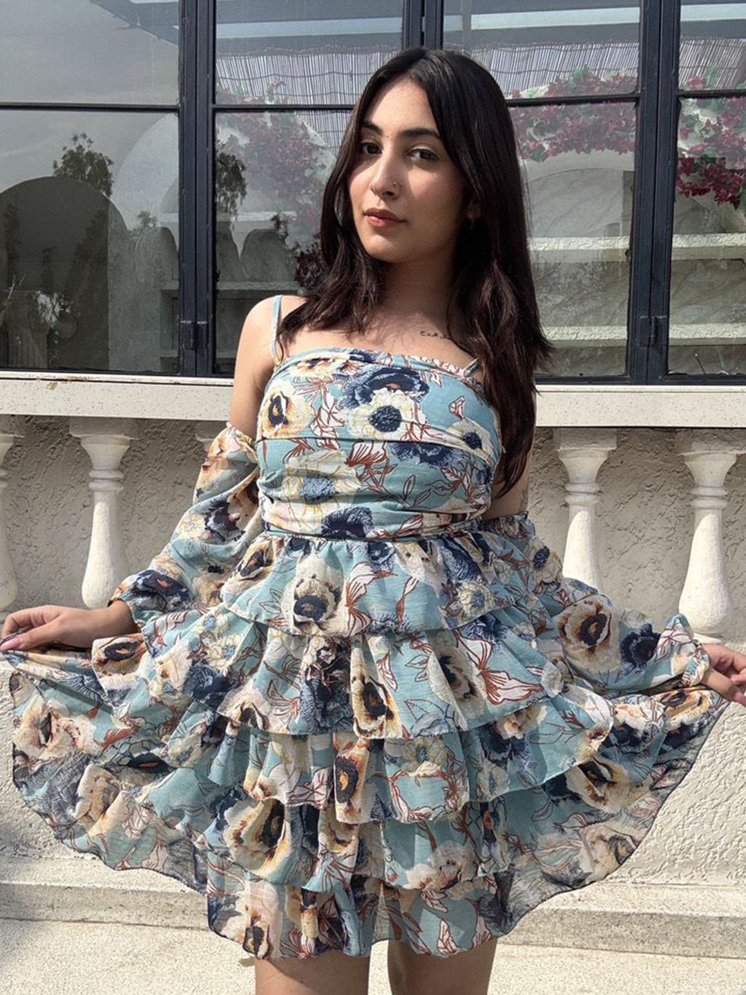 To Queens Women Floral Printed Shoulder Straps Puff Sleeve Fit & Flare Dress