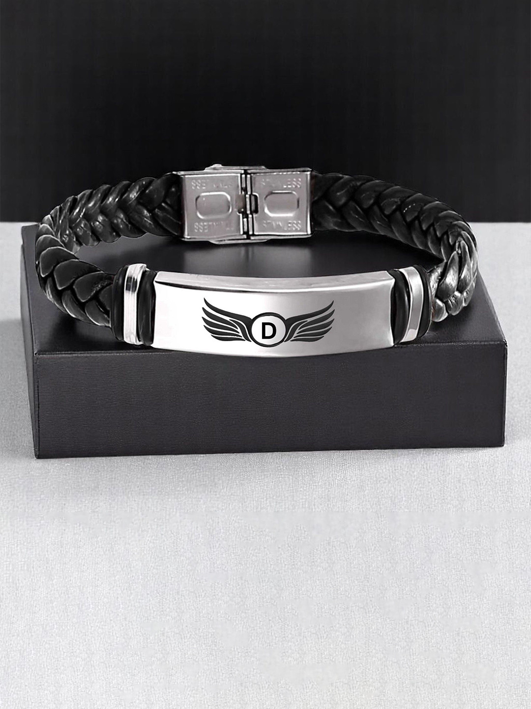 M Men Style D Letter Printed Stainless Steel & Braided Leather Wraparound Bracelet