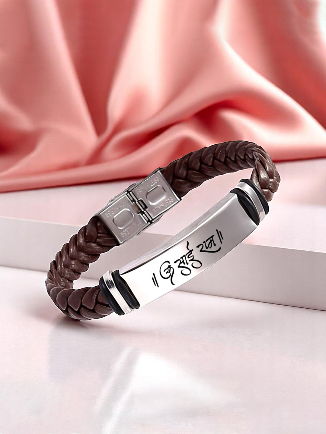 M Men Style Om Sai Ram Printed Stainless Steel & Braided Leather Wraparound Bracelet