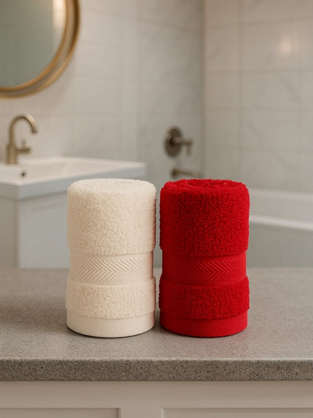 GAB Pack Of 2 Red & Off White Pure Cotton Hand Towels