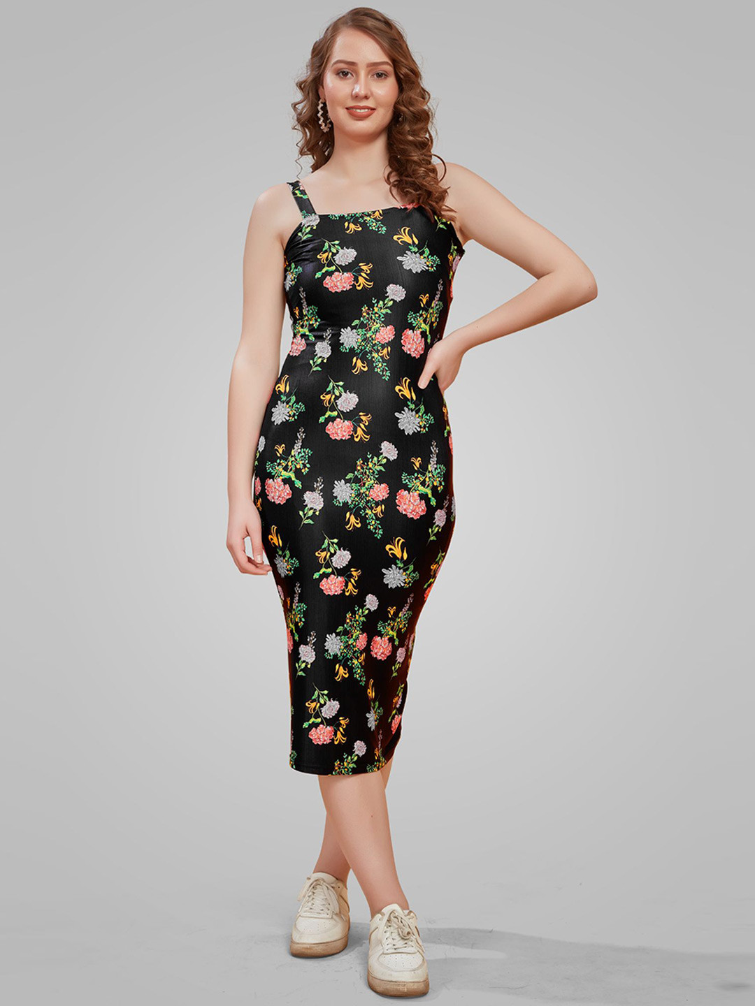 Attire Empire Women Floral Print Shoulder Straps Bodycon Midi Dress