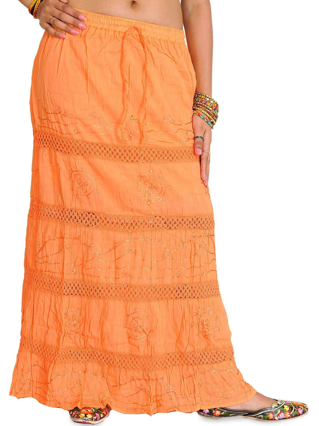 Exotic India Elastic Skirt With Sequins & Crochet Border