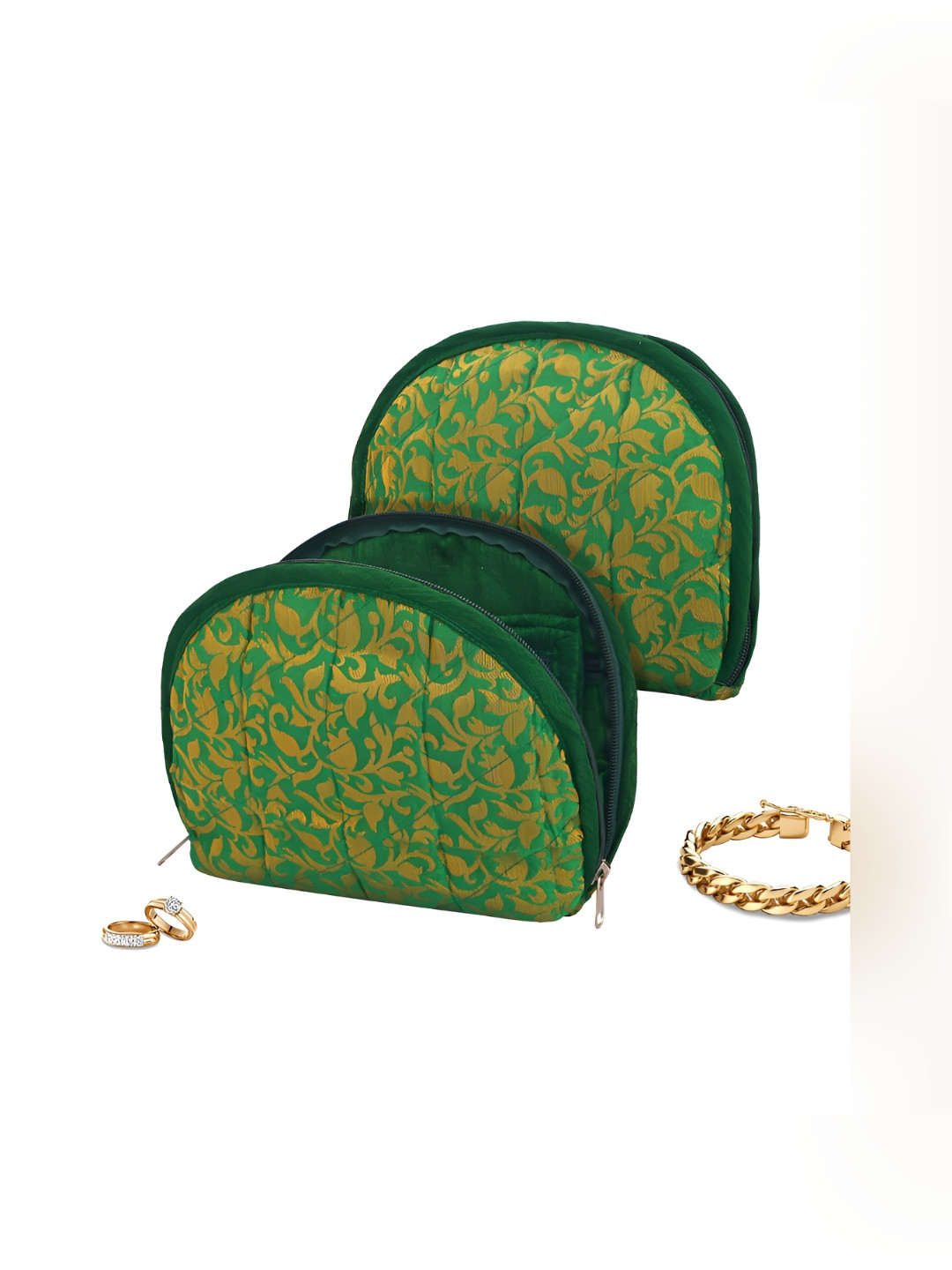 Aura 2 Pieces Green Cotton Foldable Jewellery Kit & 4 Transparent Pouches Organisers Bag