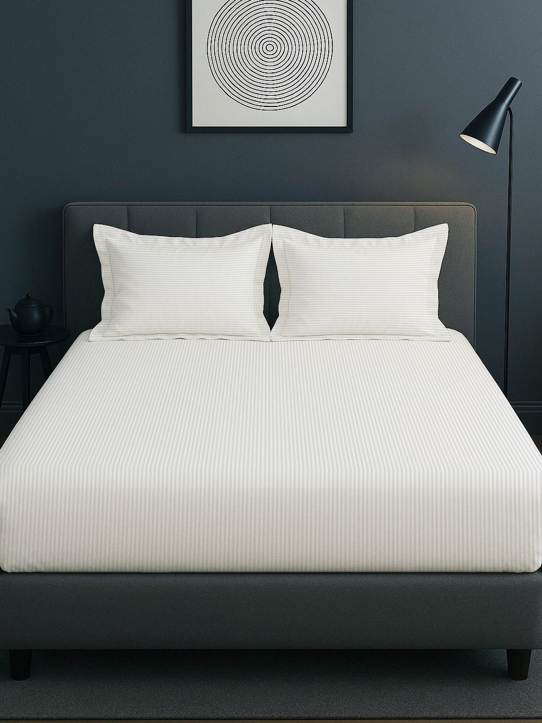 MAYFAIR HOMES LONDON White Striped Cotton Breathable 210 TC Super King Fine Bedsheet with 2 Pillow Covers-108 x 43 inches