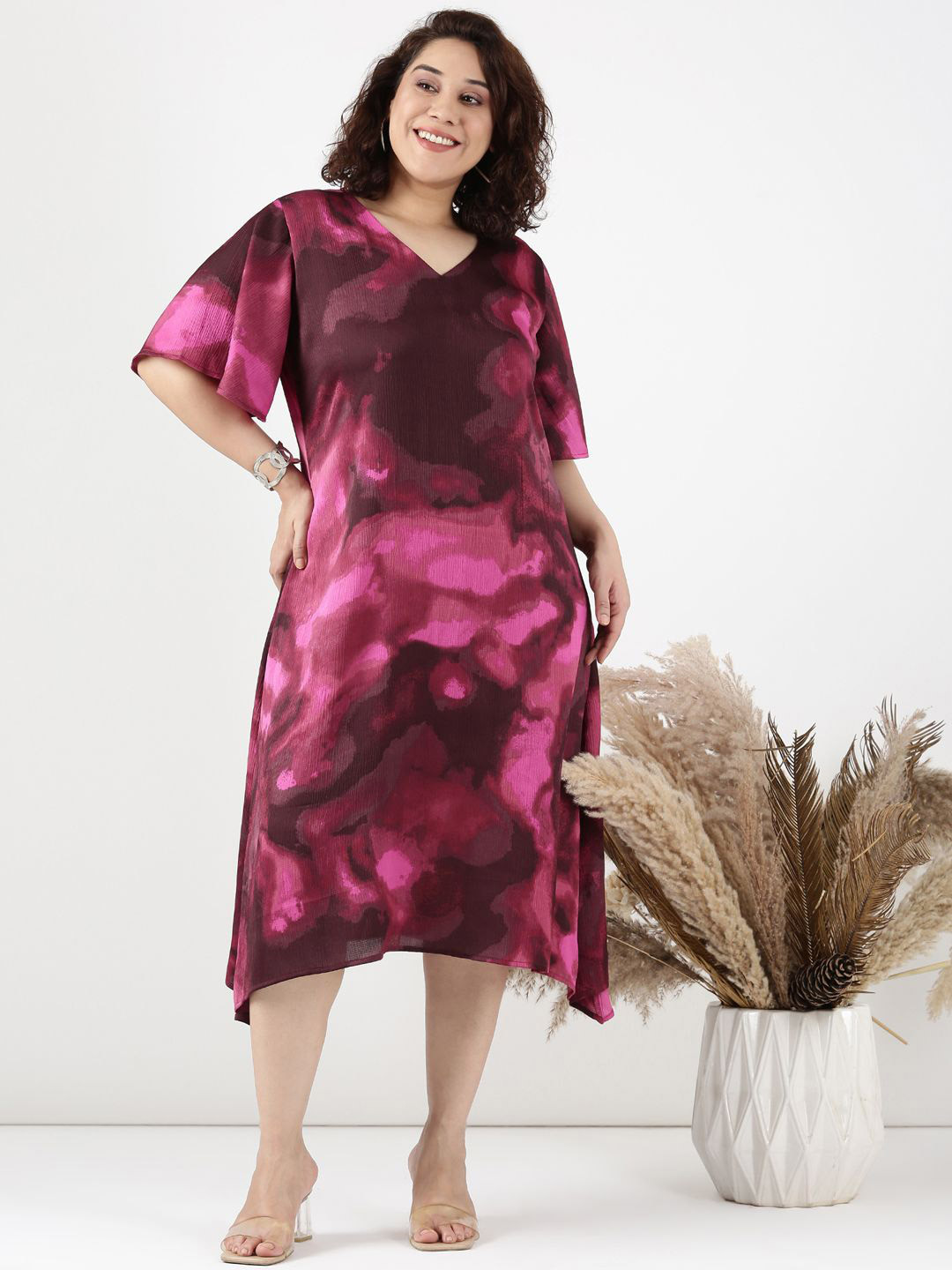 The Pink Moon Women Rose Marble A-Line Midi Dress