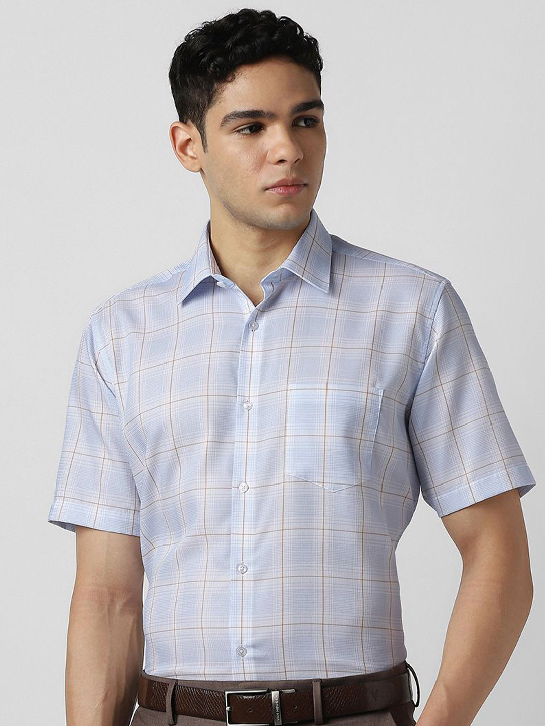 Van Heusen Checked Spread Collar Short Sleeves Pure Cotton Formal Shirt