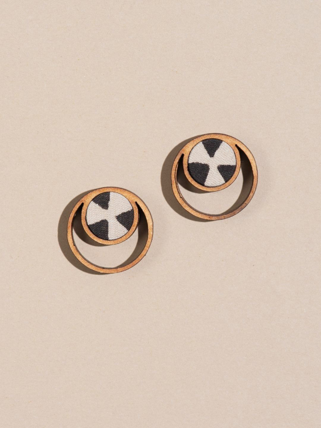 WHE Batik Fabric And Repurposed Wood Circular Shaped Studs