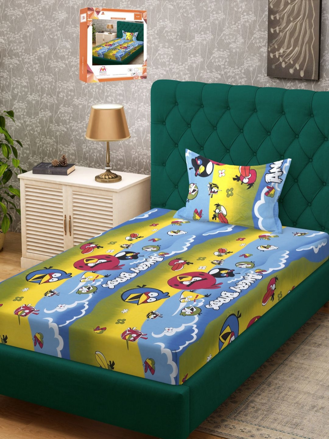 Myntra Elegant Homes Long Staple Blue Cartoon Characters Pure Cotton 400 TC Single Superfine Bedsheet with a Pillow Cover-89 x 59 inches