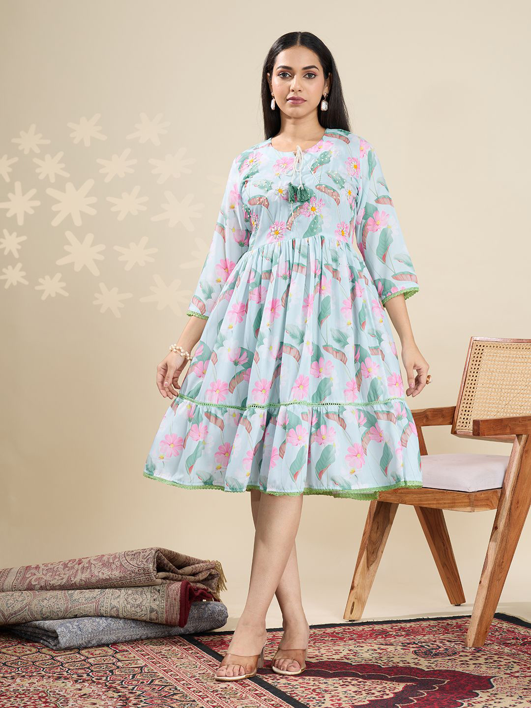 Rekha Maniyar Women Floral Printed Tie-Up Neck A-Line Dress