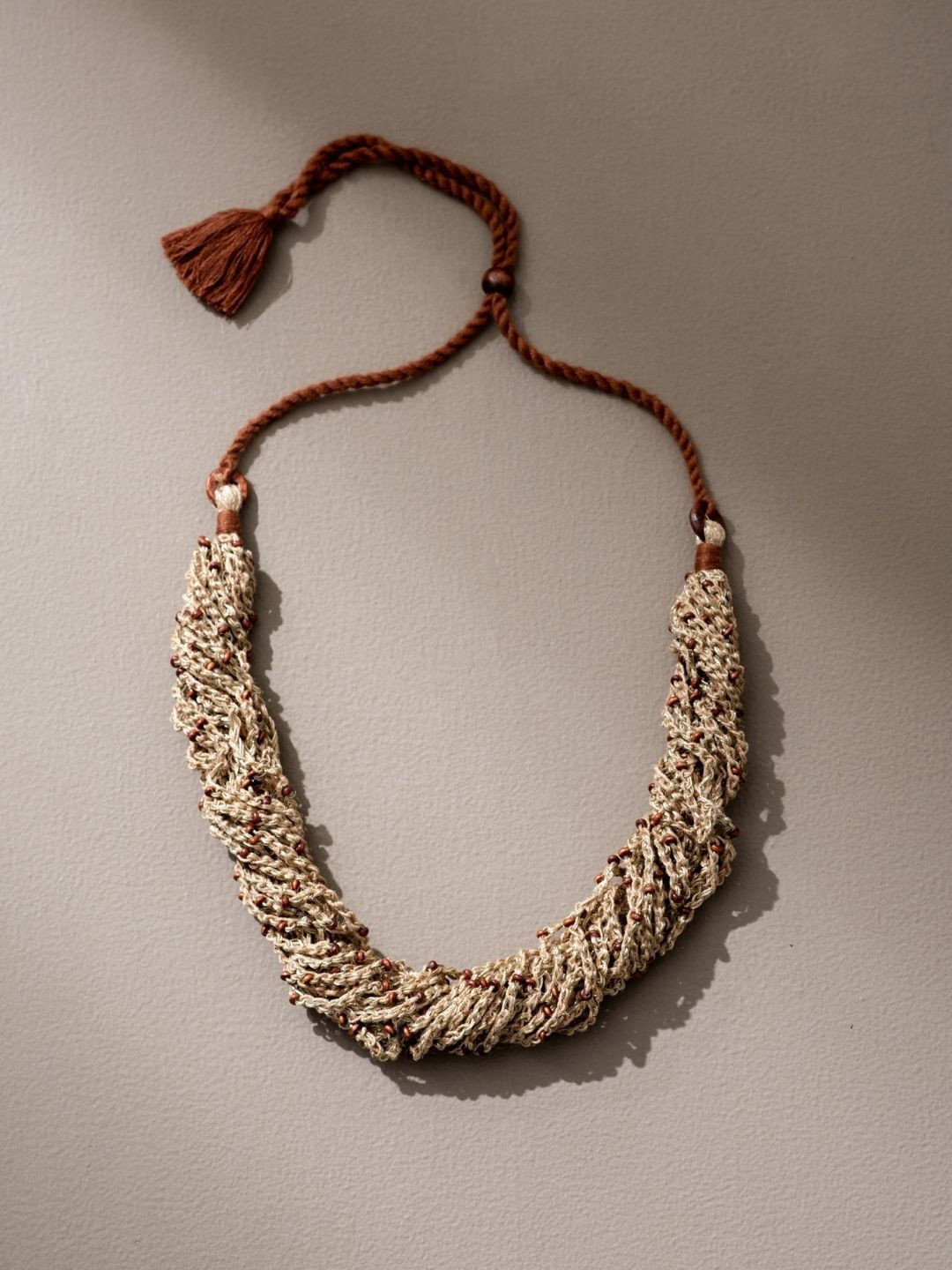 WHE Brass Jute and Wooden Beaded Necklace