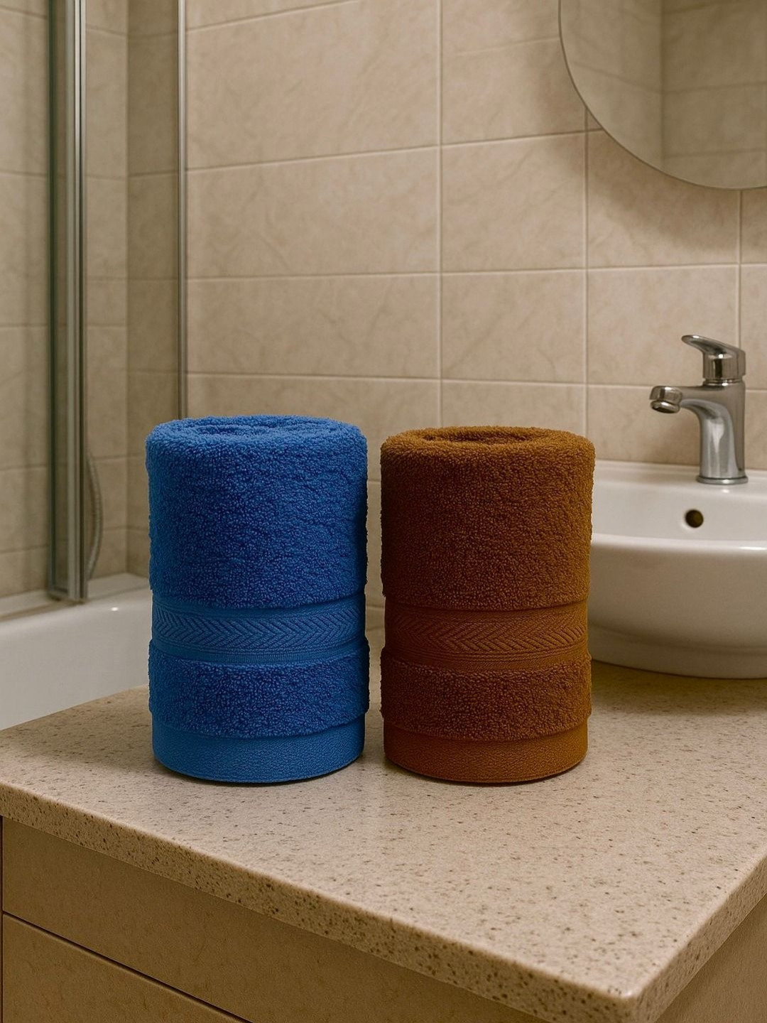GAB Pack Of 2 Blue & Brown Pure Cotton 500 GSM Hand Towels