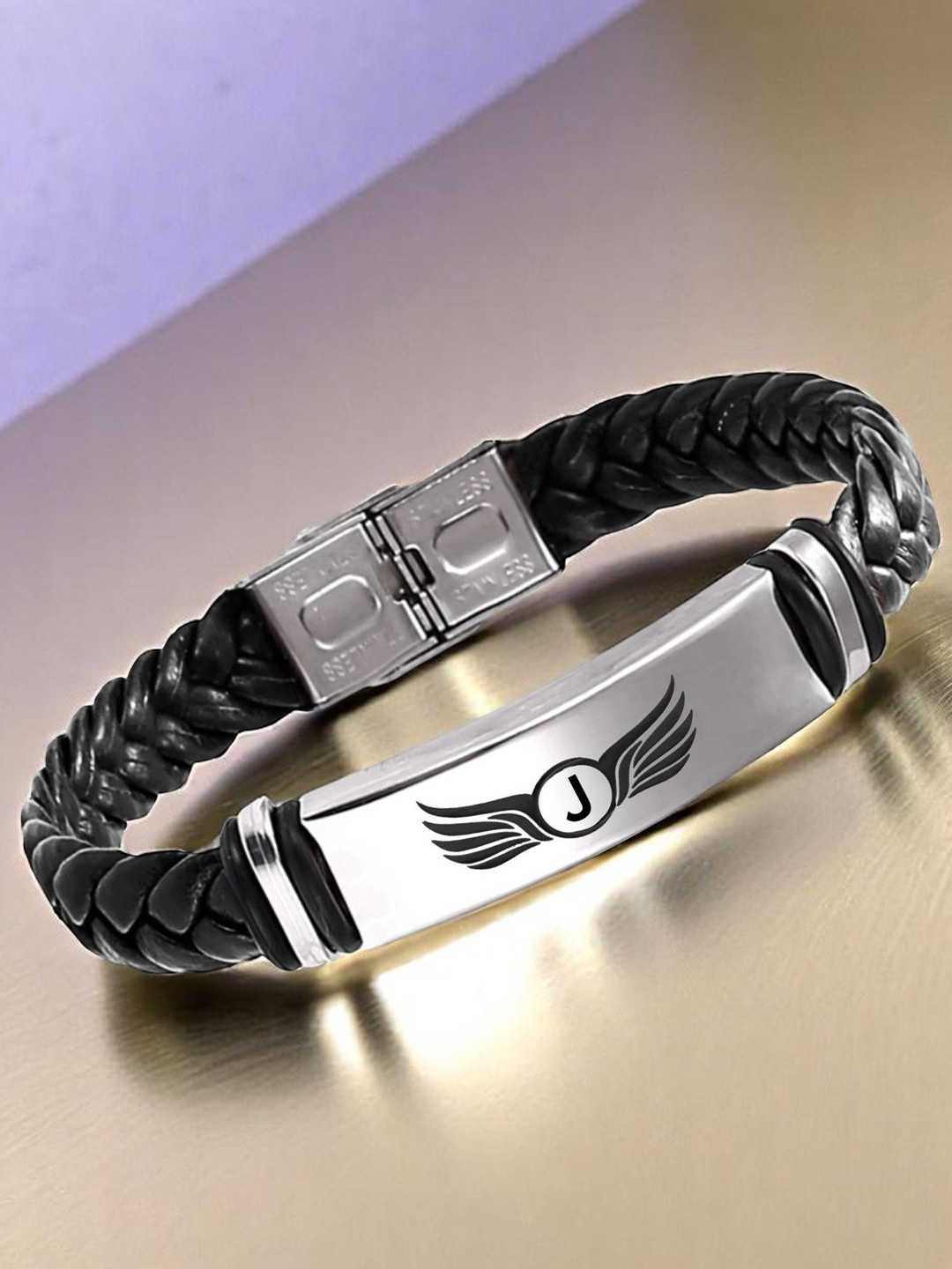 M Men Style J Letter Printed Stainless Steel & Braided Leather Wraparound Bracelet