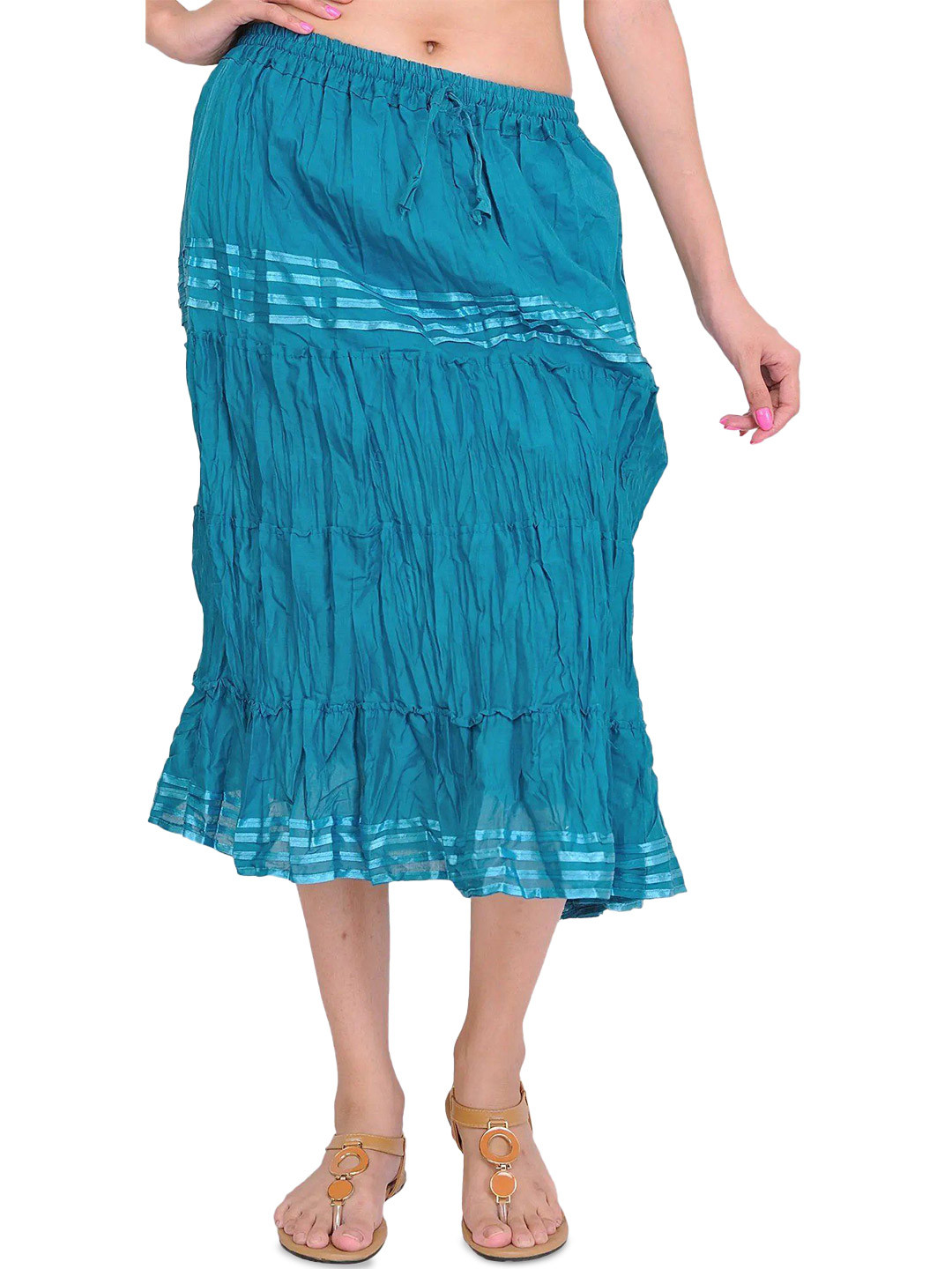 Exotic India Plain Elastic-Waist Midi Skirt With Lace