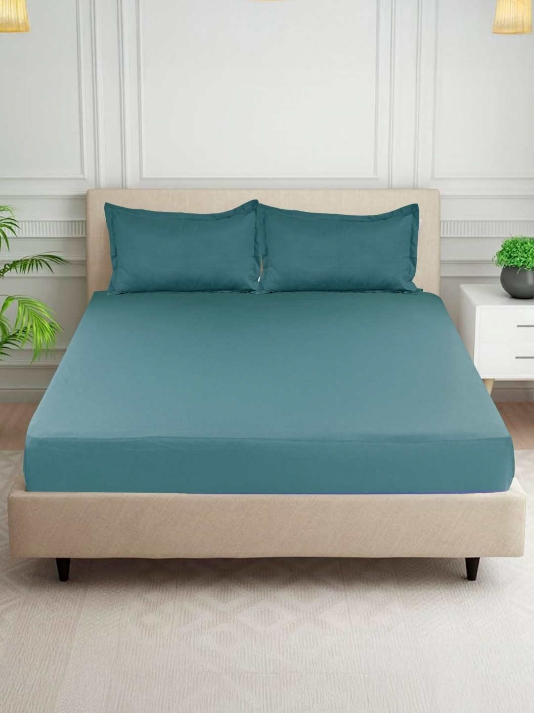 HOMADORN Blue Polycotton 300 TC Fitted Queen Superfine Bedsheet with 2 Pillow Covers-78 x 72 inches