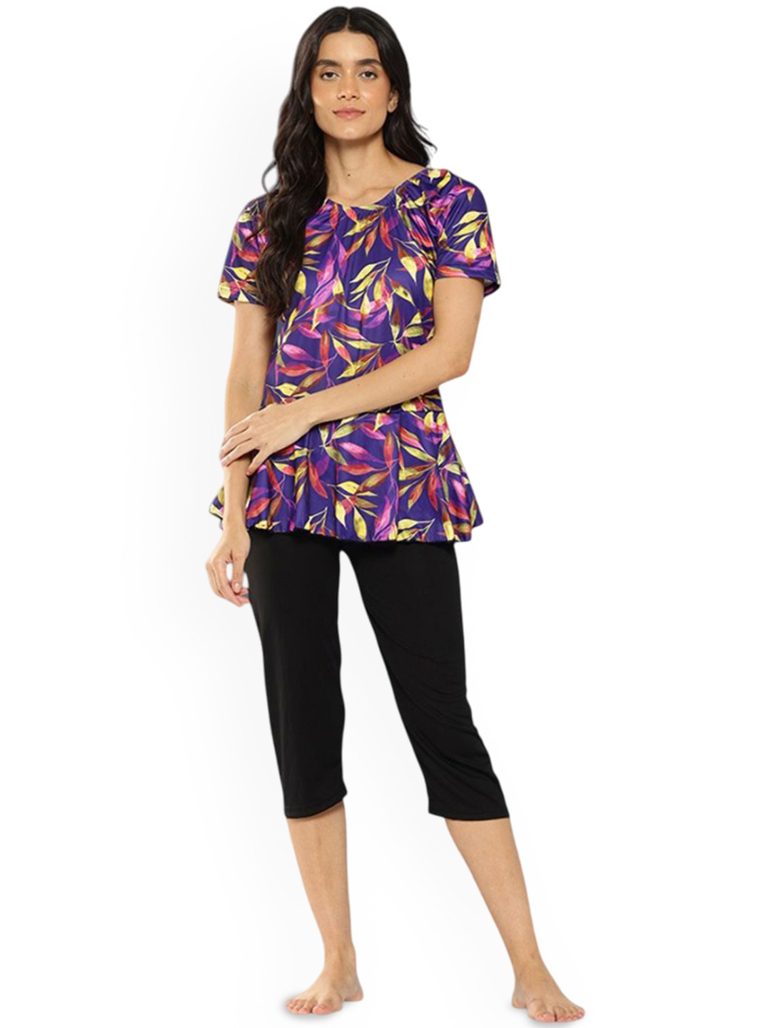 Aarika Leaf Printed Swim Suit With Cap