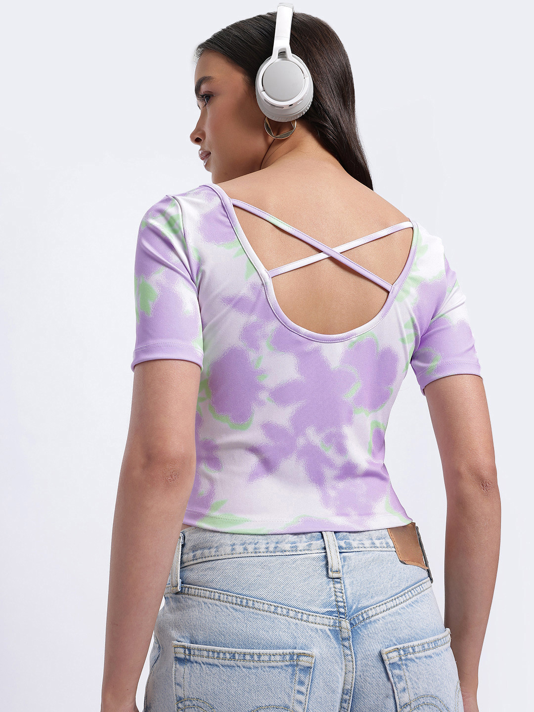 glitchez Crop Edge Floral Print Cross Back Fitted Top