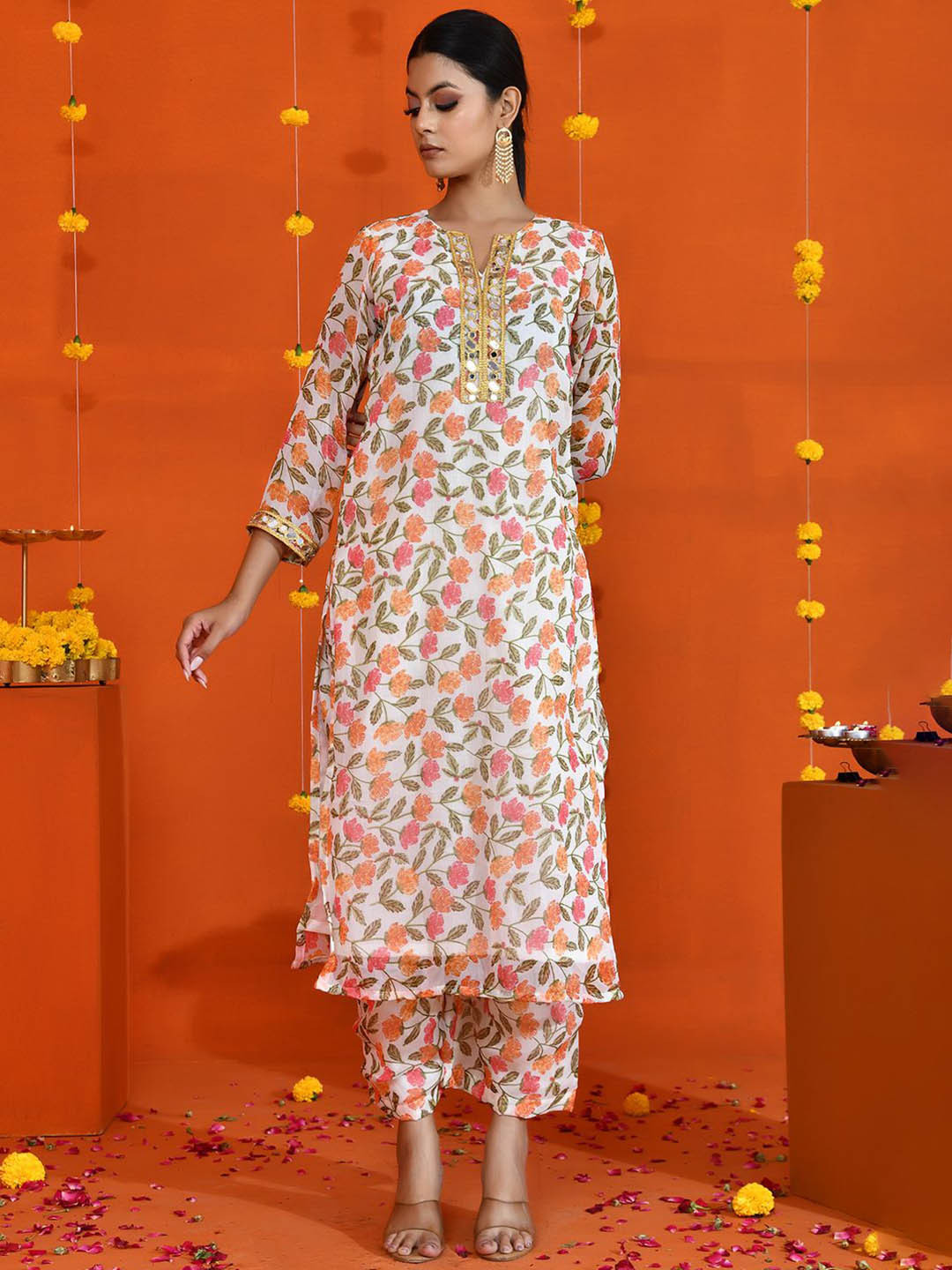 Bannhi by Priyanka Rathore  Floral Printed Miror Work Straight Kurta With Palazzos