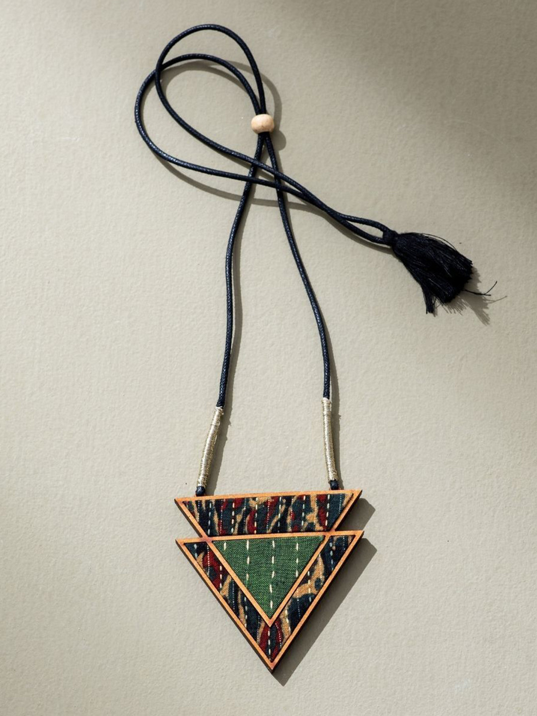 WHE Brass Upcycled And Repurposed Wood Triangular Necklace