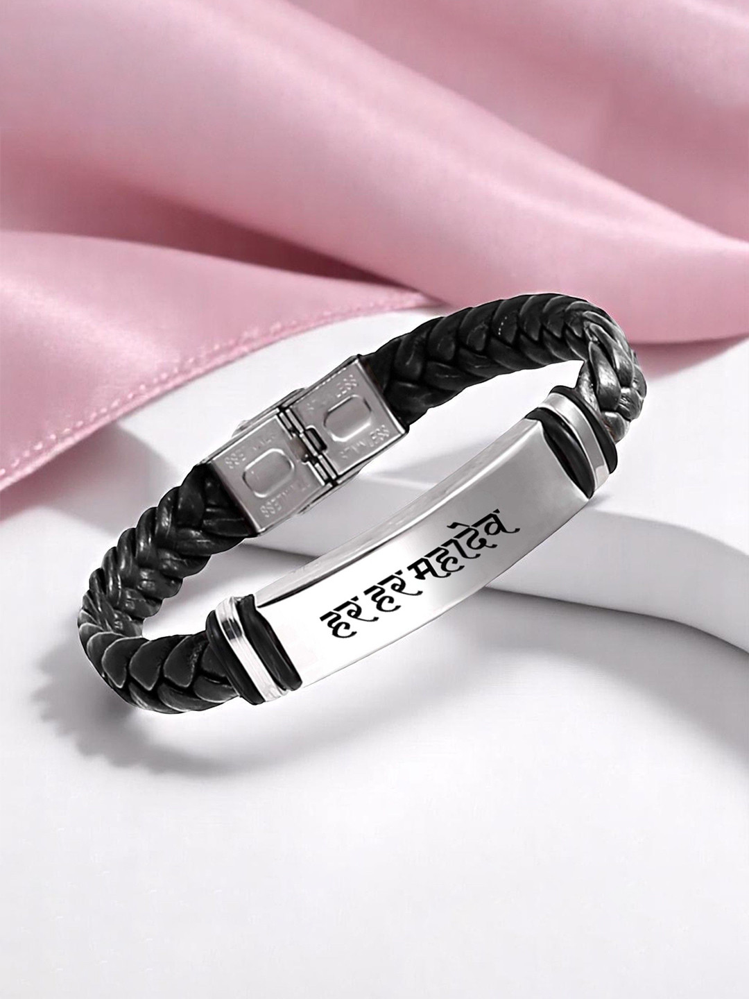 M Men Style Har Har Mahadev Printed Stainless Steel & Braided Leather Wraparound Bracelet