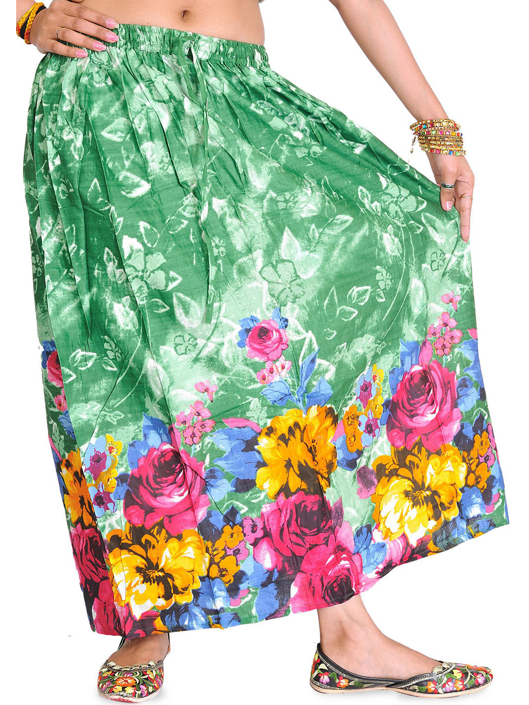 Exotic India Medium-Green Skirt With Printed Roses