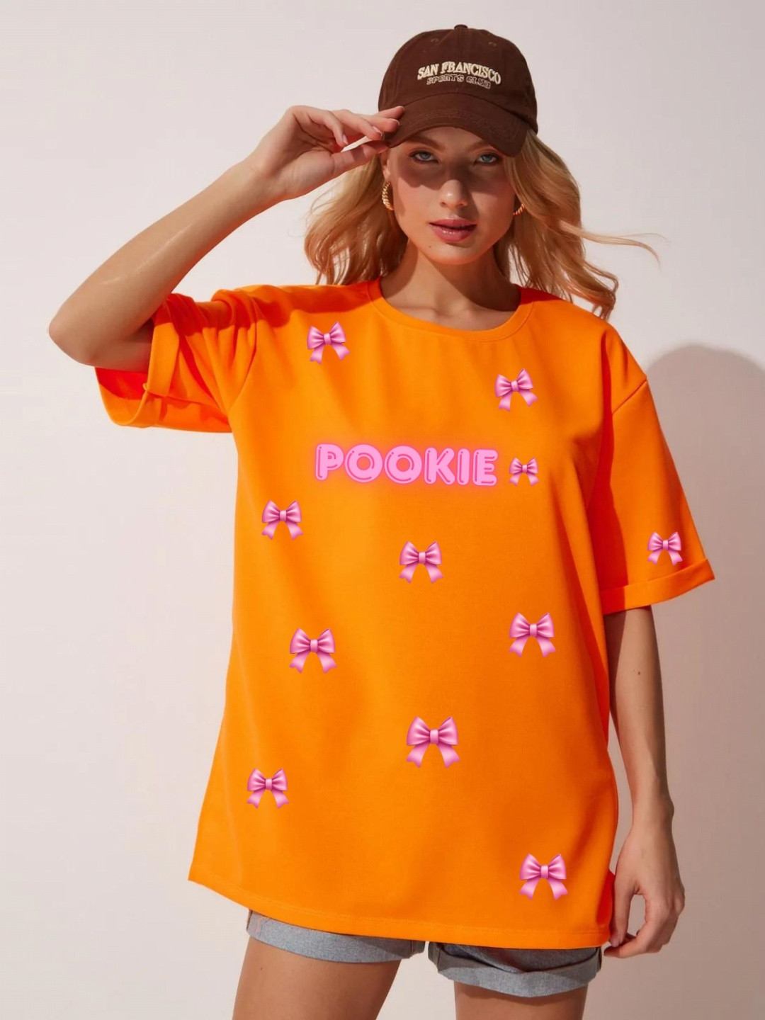RAYACLOSET Typography Printed Round Neck Oversized Cotton T-shirt