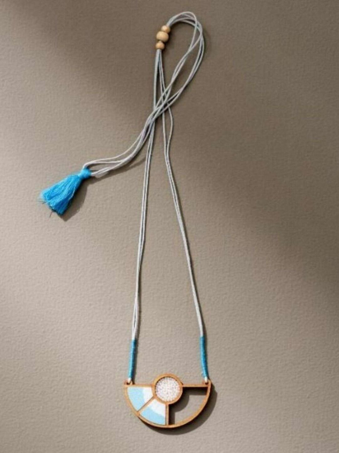 WHE Brass Geometrical Repurposed Fabric And Wood Adjustable Pendant Necklace