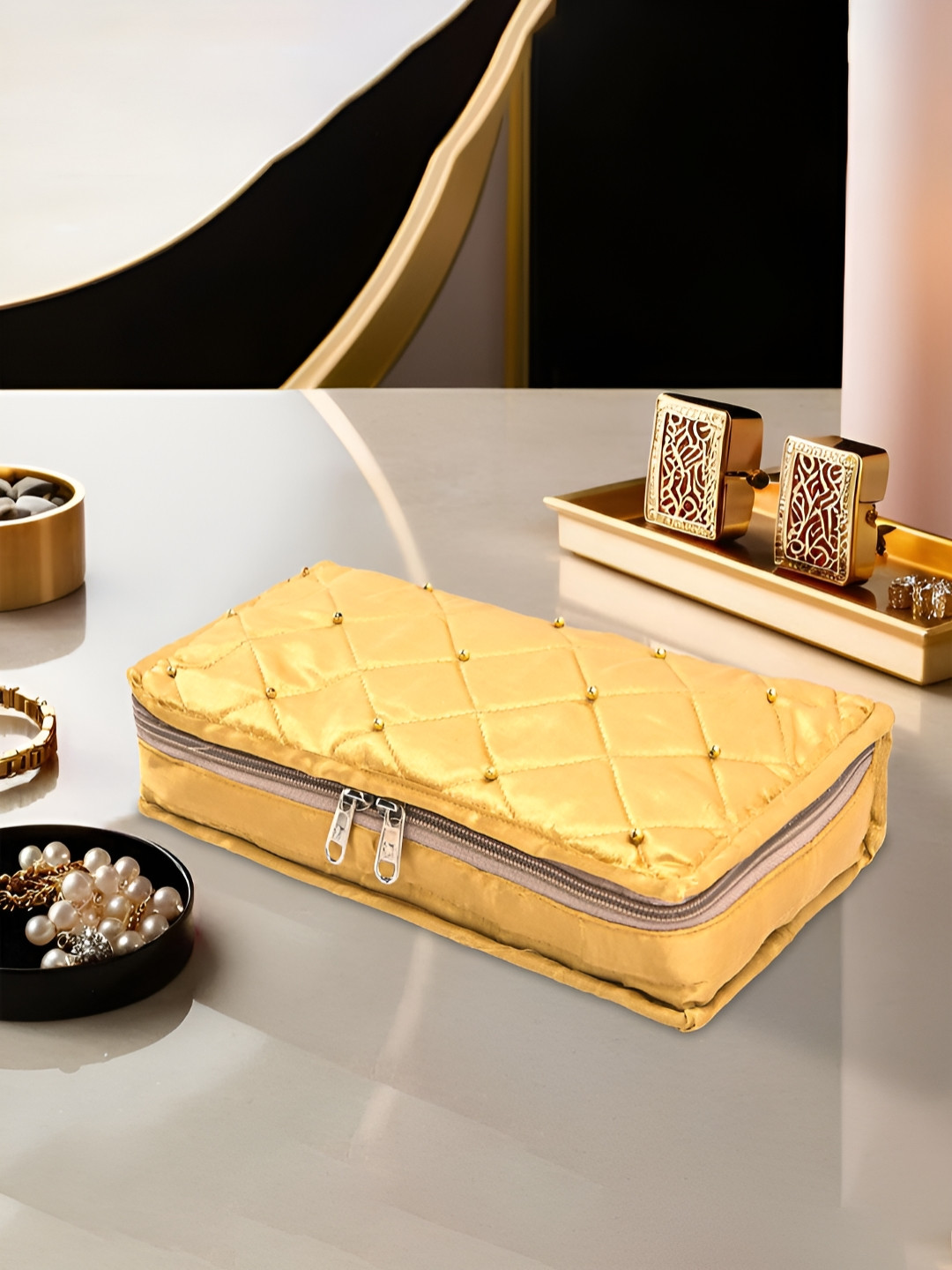 Aura Gold-Toned Satin Large Jewellery Kit with 6 Pouche Jewellery Organiser