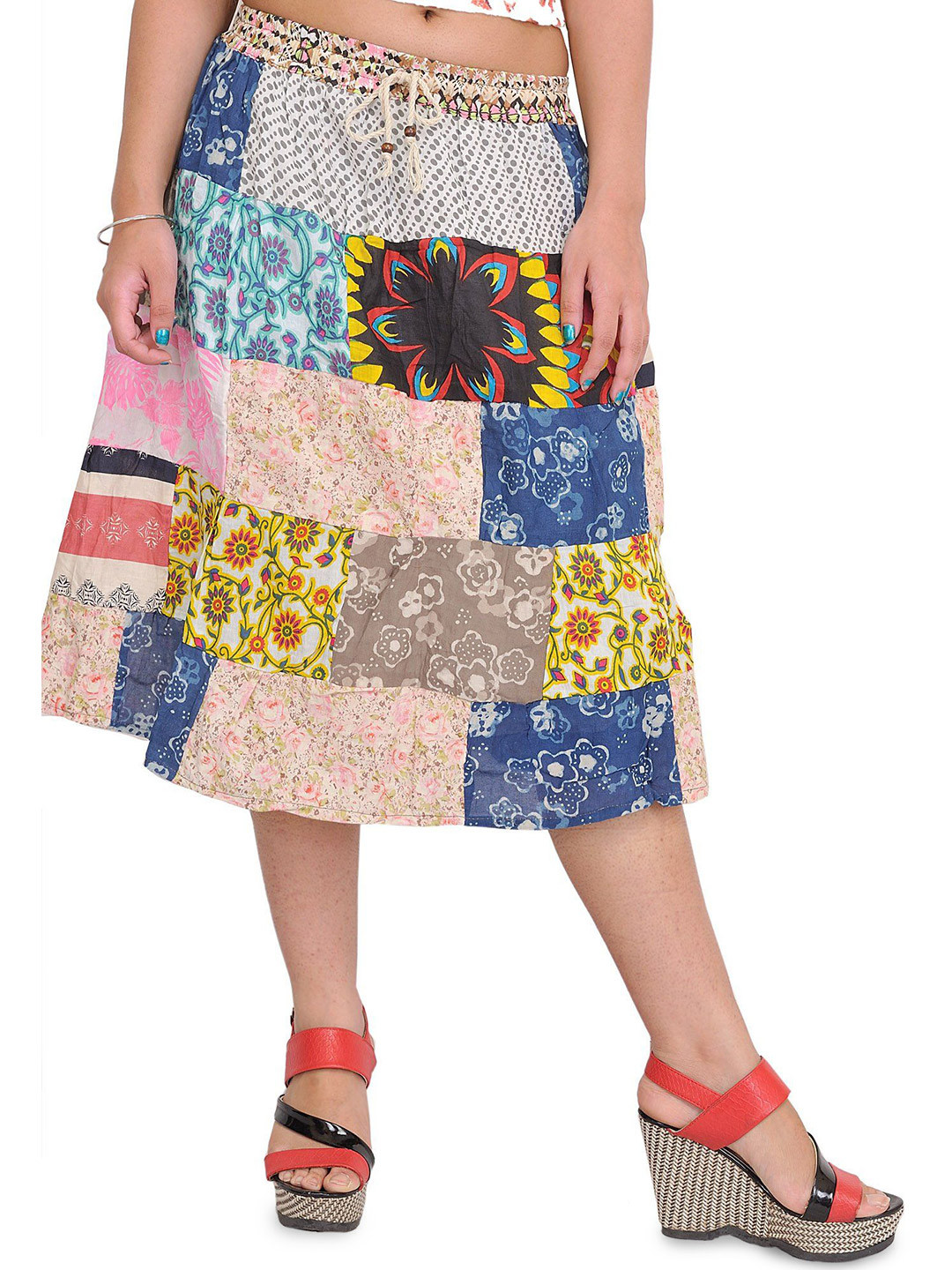 Exotic India Midi Skirt From Gujarat With Printed Flowers & Patchwork
