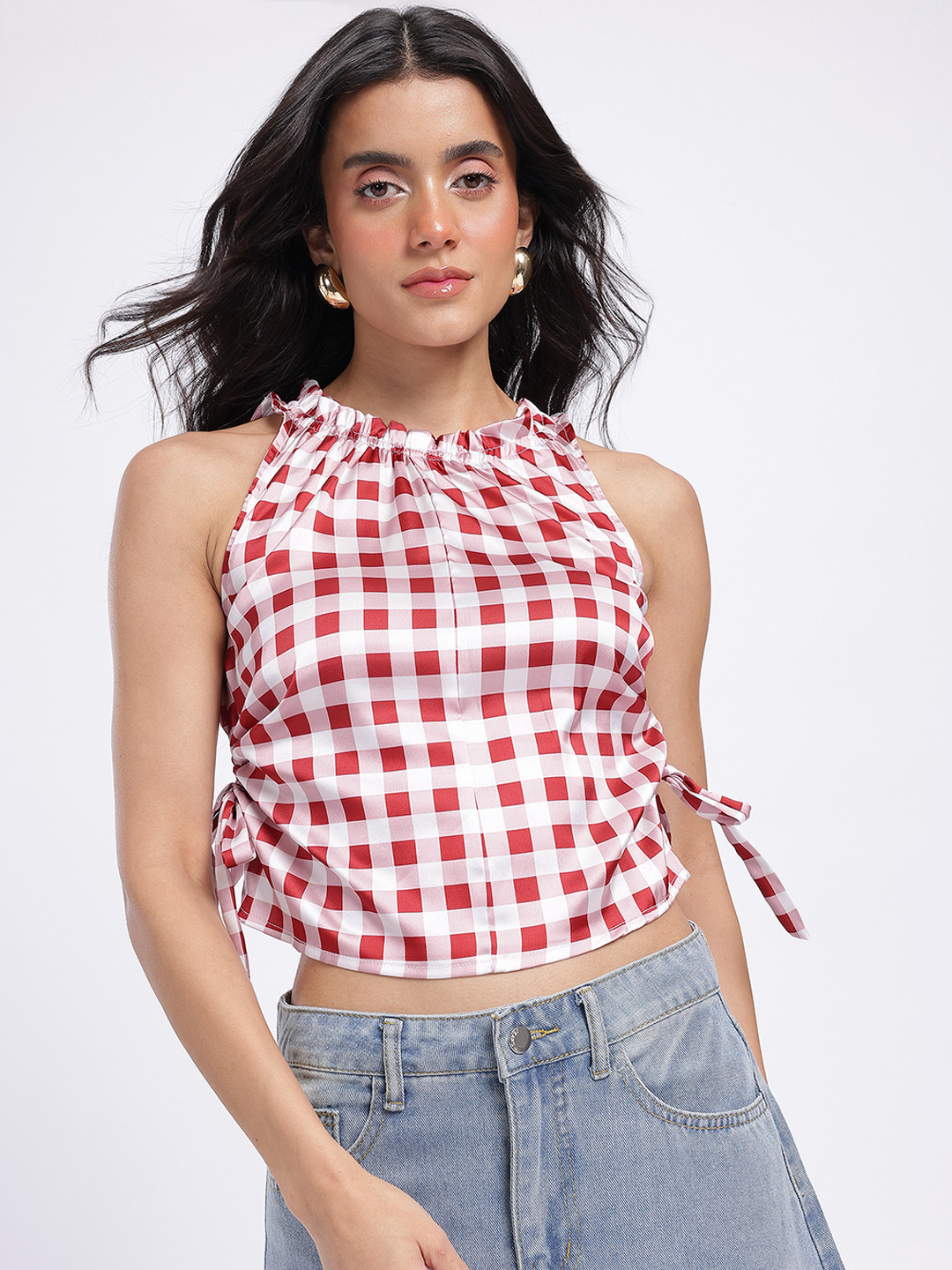 glitchez Gingham Checks Halter Neck Ruffled Detail Satin Crop Top with Tie-Ups