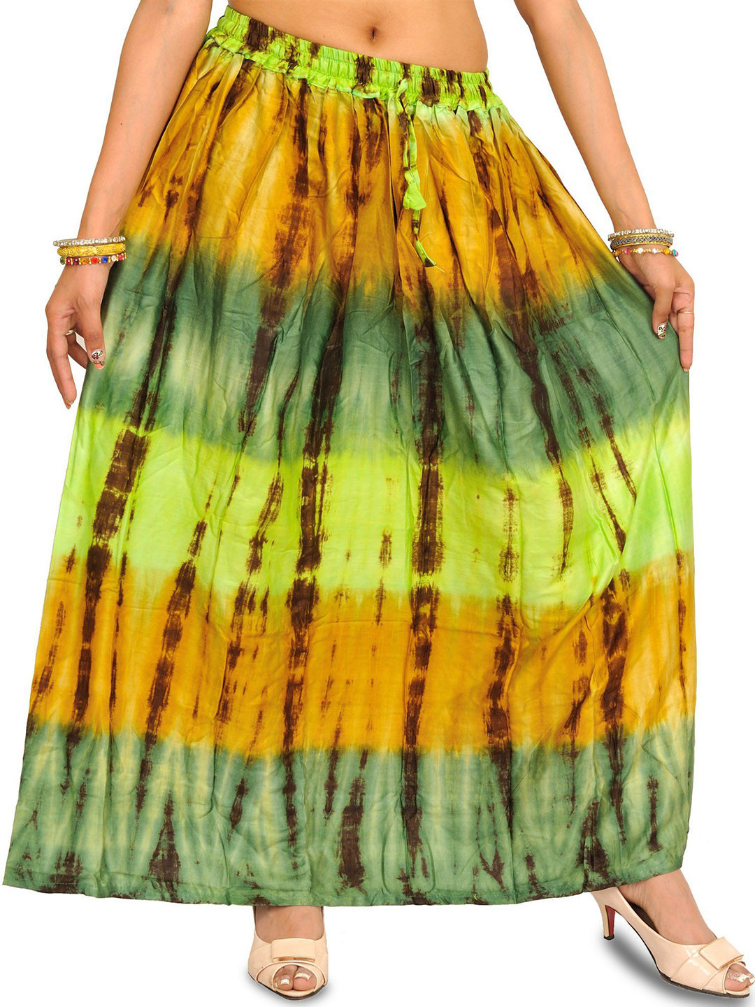 Exotic India Green & Honey Long Skirt With Batik Print
