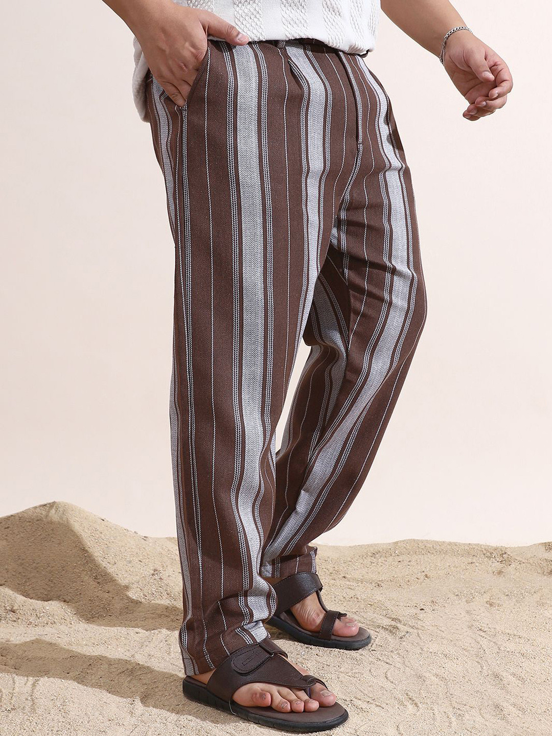 Instafab Plus Men Plus Size Striped Comfort Cigarette Trousers