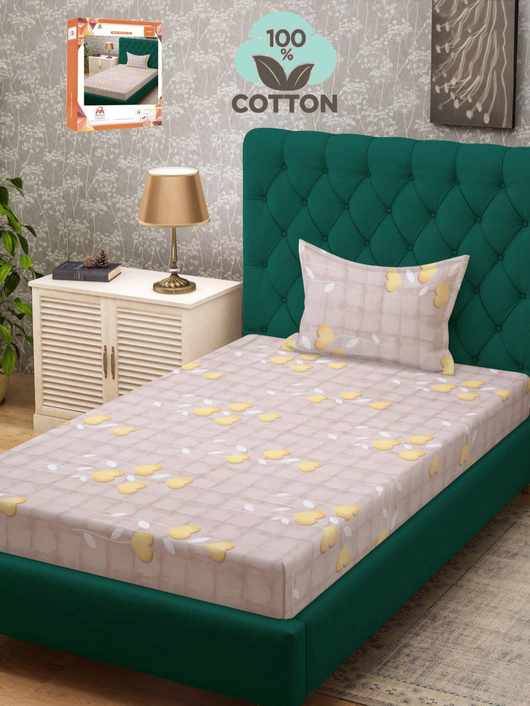 Myntra Elegant Homes French Bloom Yellow Floral Cotton Breathable 400 TC Single Superfine Bedsheet with a Pillow Cover-225 x 150 cm