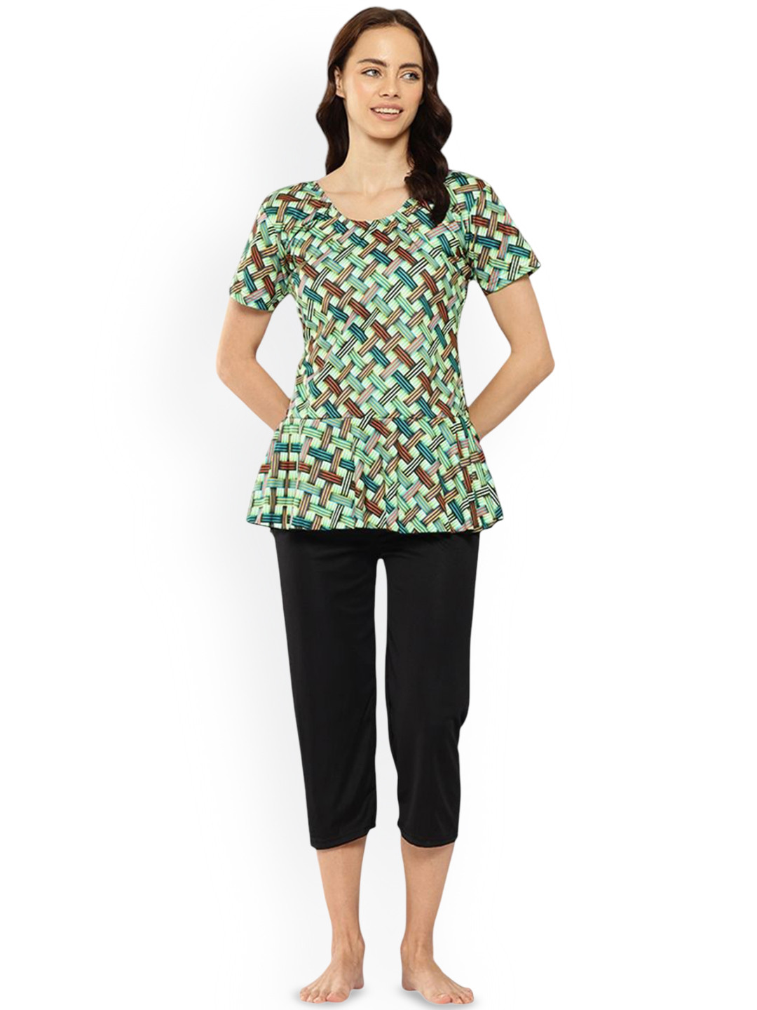 Aarika Check Printed Swim Suit With Cap