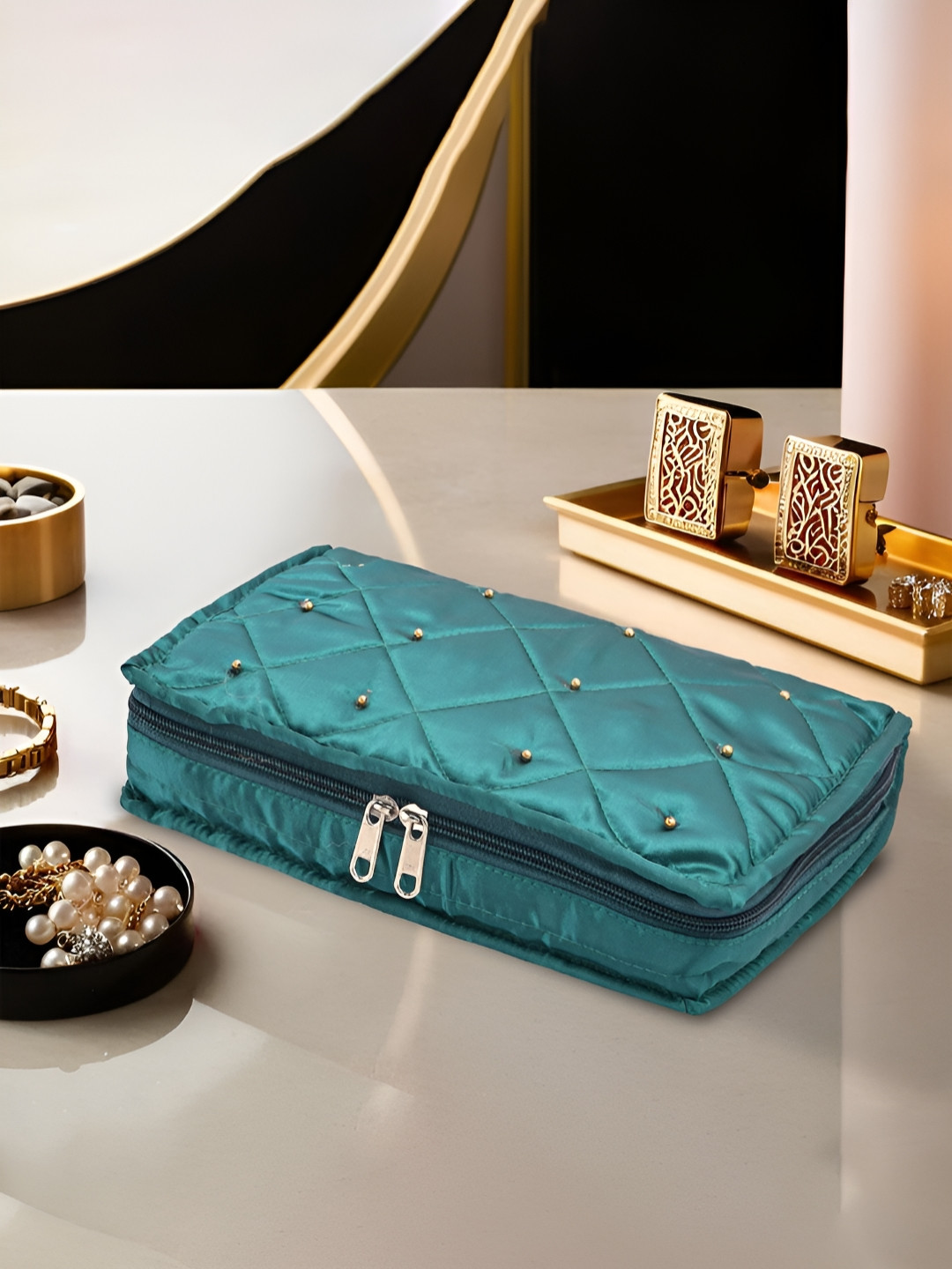 Aura Green Satin Large Jewellery Kit with 6 Pouche Jewellery Organiser