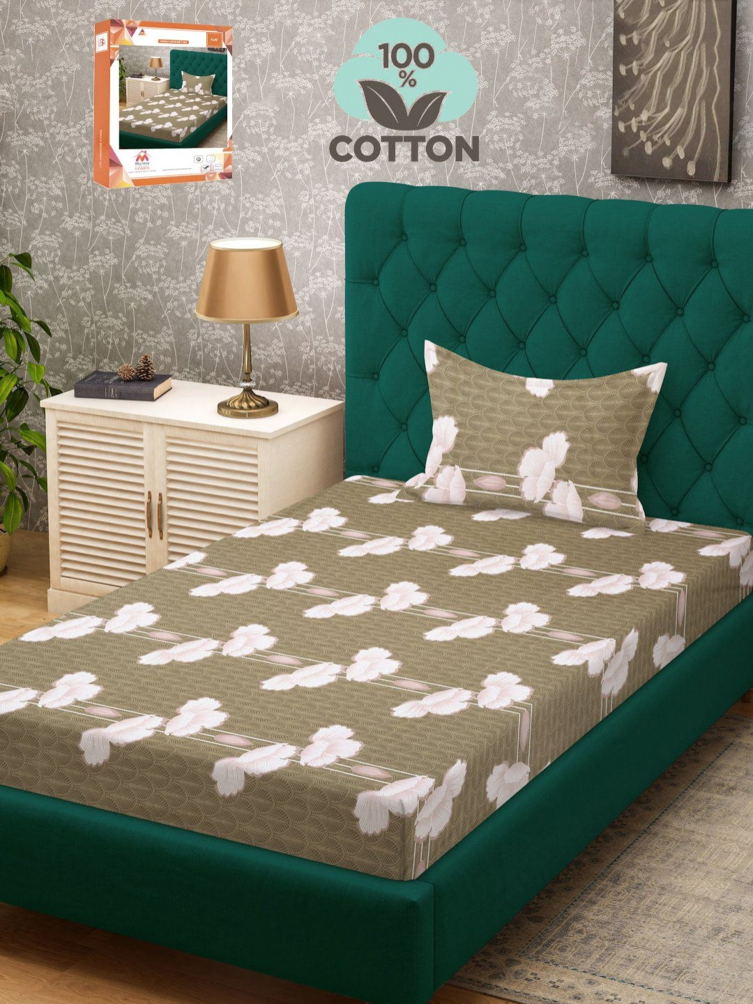 Myntra Elegant Homes Mustard Floral Cotton Breathable 400 TC Single Superfine Bedsheet with a Pillow Cover-89 x 59 inches