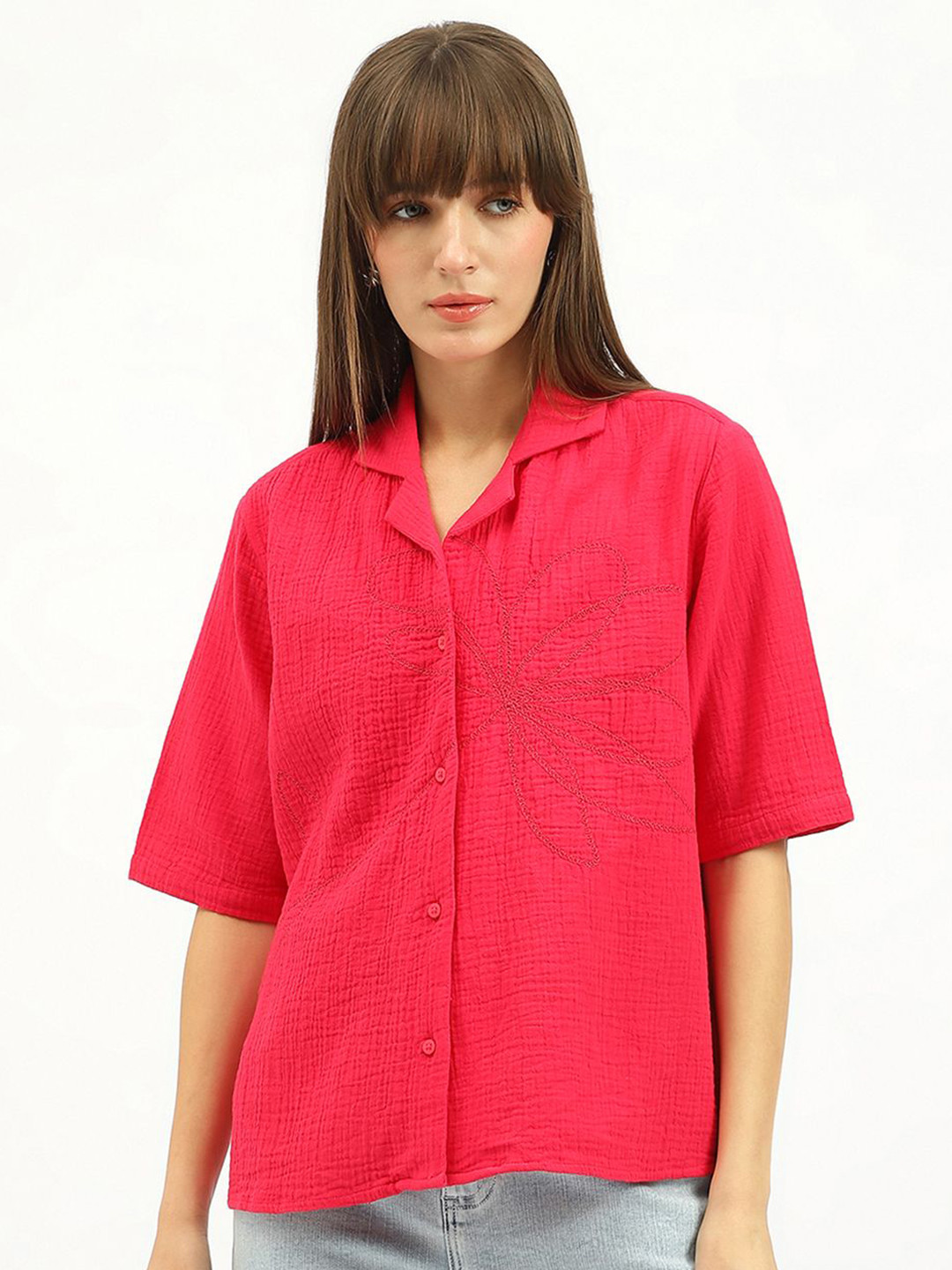 United Colors of Benetton Textured Resort Collar Embroidered Pure Cotton Shirt
