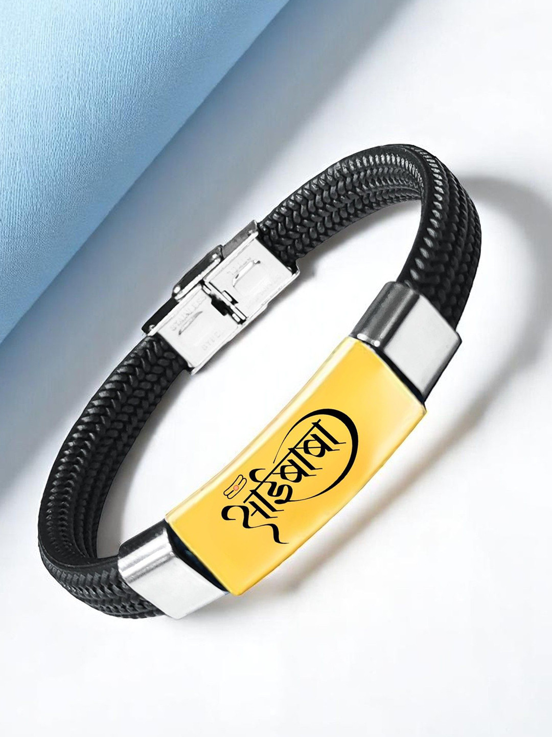 M Men Style Saibaba Printed Stainless Steel & Braided Leather Wraparound Bracelet