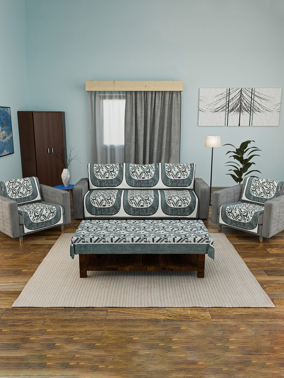 Aura Grey 11 Pcs Printed Velvet 5 Seater Sofa Cover and Centre Table Cover