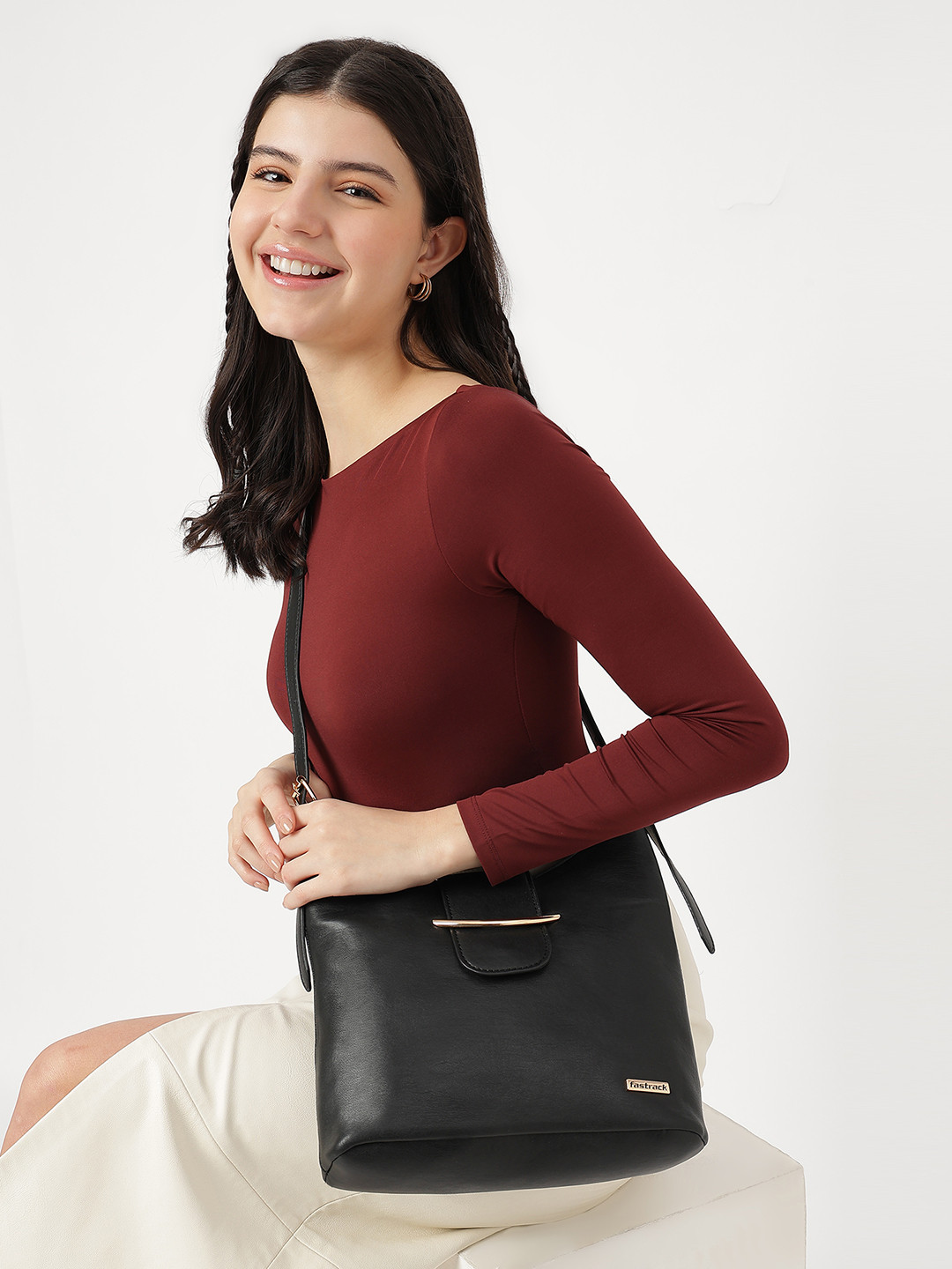 Fastrack Women Black Solid Hobo Bag with Adjustable Sling Straps