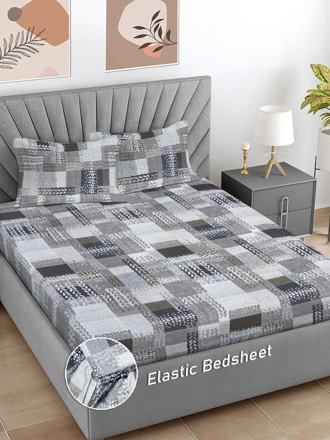 Myntra Elegant Homes Unisex Geometric Fitted King Bedsheet with 2 Pillow Covers
