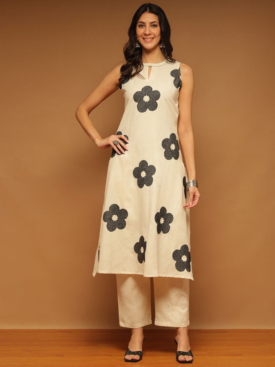 ARAVALII Noir Flora Printed Cotton Top With Trousers Co-OrdsCo-Ords