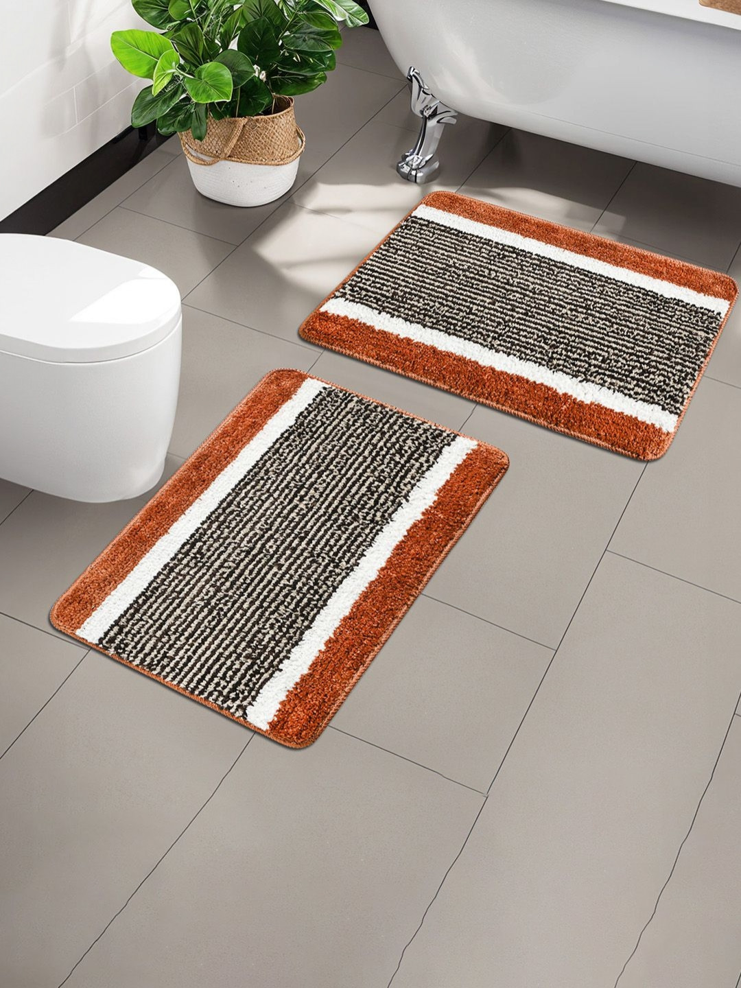 Aura 2-Pcs Brown & White Microfibre Bath Rug Bathroom & Office Floor Mat